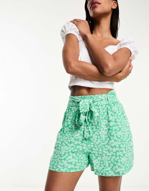 Pieces tie waist flowy shorts in green ditsy floral - part of a set