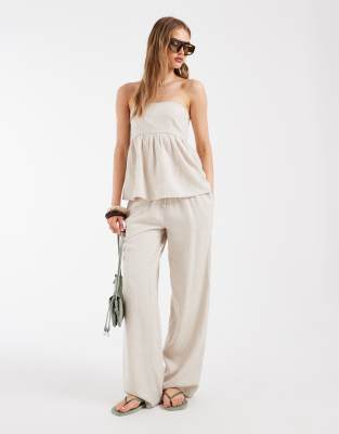 Pieces tie waist linen-blend trousers co-ord in cream melange-White