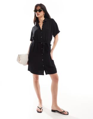 Pieces tie waist linen mini shirt dress in black