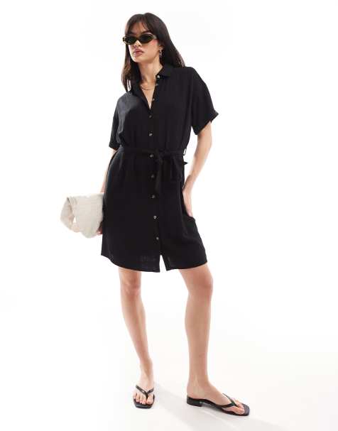 Pieces tie waist linen mix mini shirt dress in black - view 1