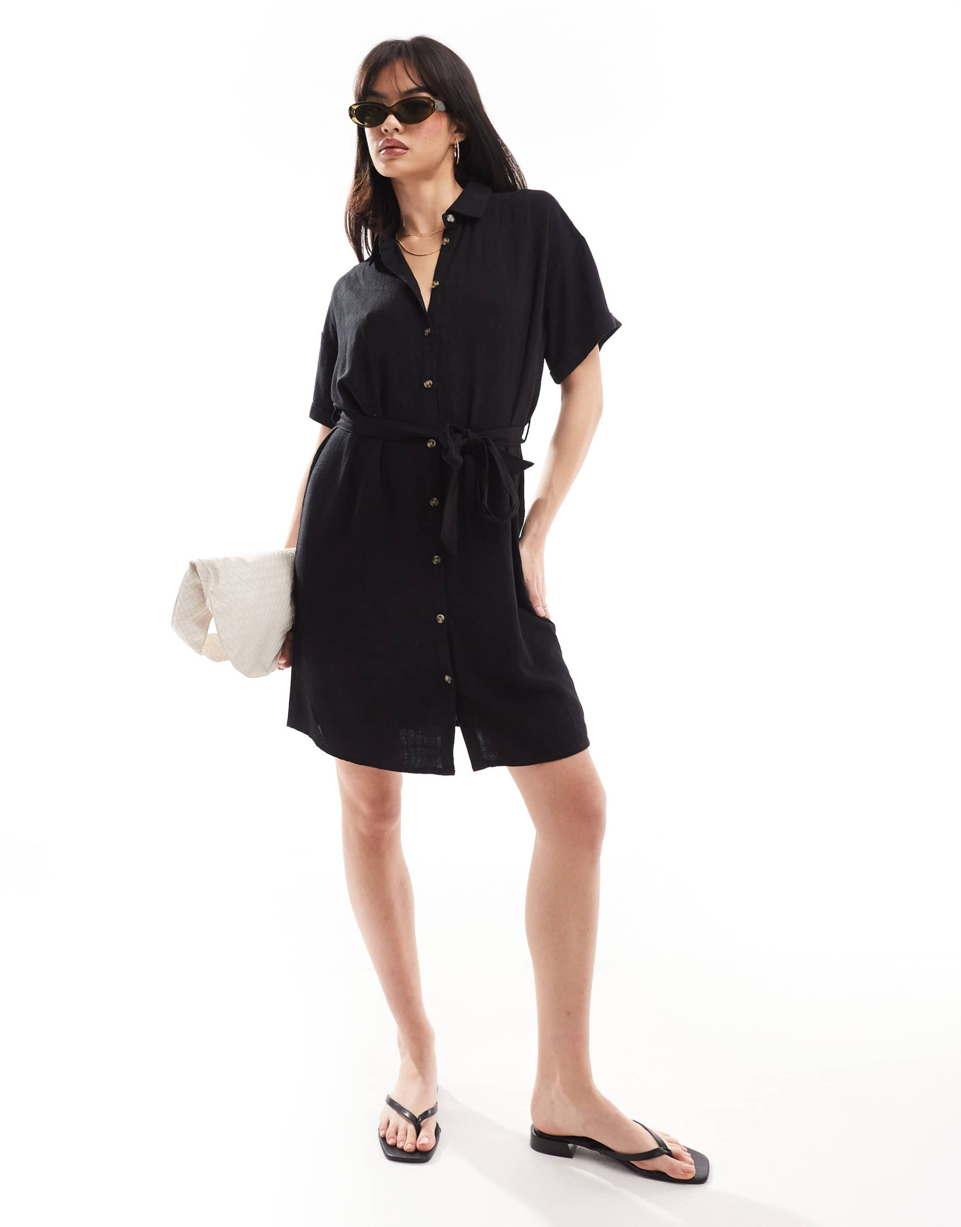 pieces tie waist linen mix mini shirt dress in black