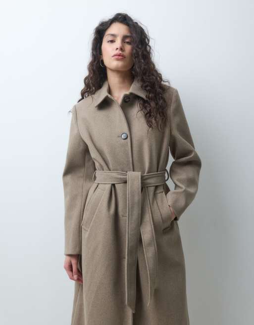 Pieces tie waist long formal wool look coat in beige melange, 4 of 4