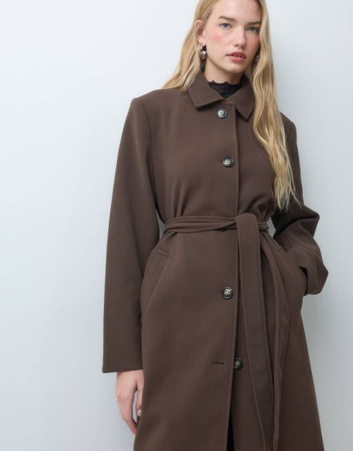 Pieces tie waist long formal wool look coat in brown, 3 of 4