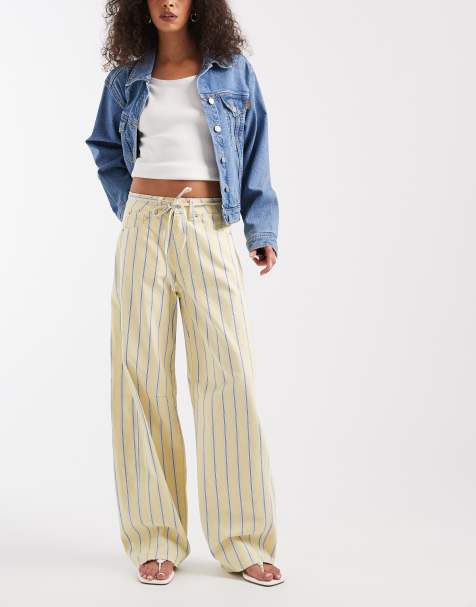 Pieces tie waist mid rise barrel leg jeans in pastel yellow and blue stripe - view 1
