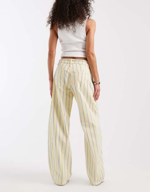 Pieces tie waist mid rise barrel leg jeans in pastel yellow and blue stripe, 3 of 5
