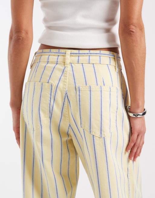 Pieces tie waist mid rise barrel leg jeans in pastel yellow and blue stripe, 5 of 5