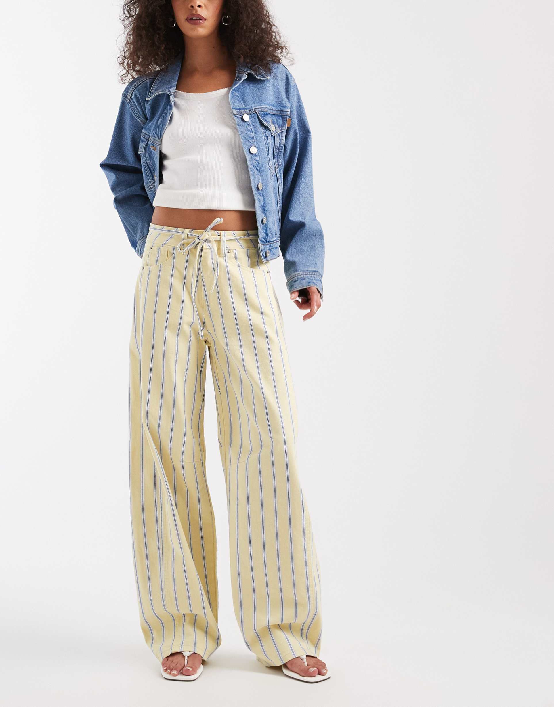 pieces tie waist mid rise barrel leg jeans in pastel yellow and blue stripes