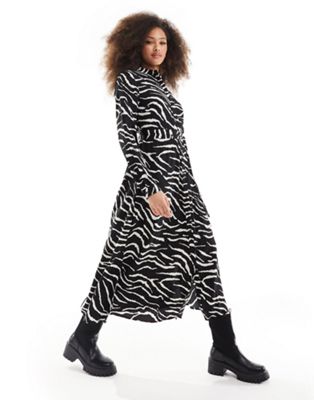 Pieces Tie Waist Midi Shirt Dress In Black & White Zebra Print-multi
