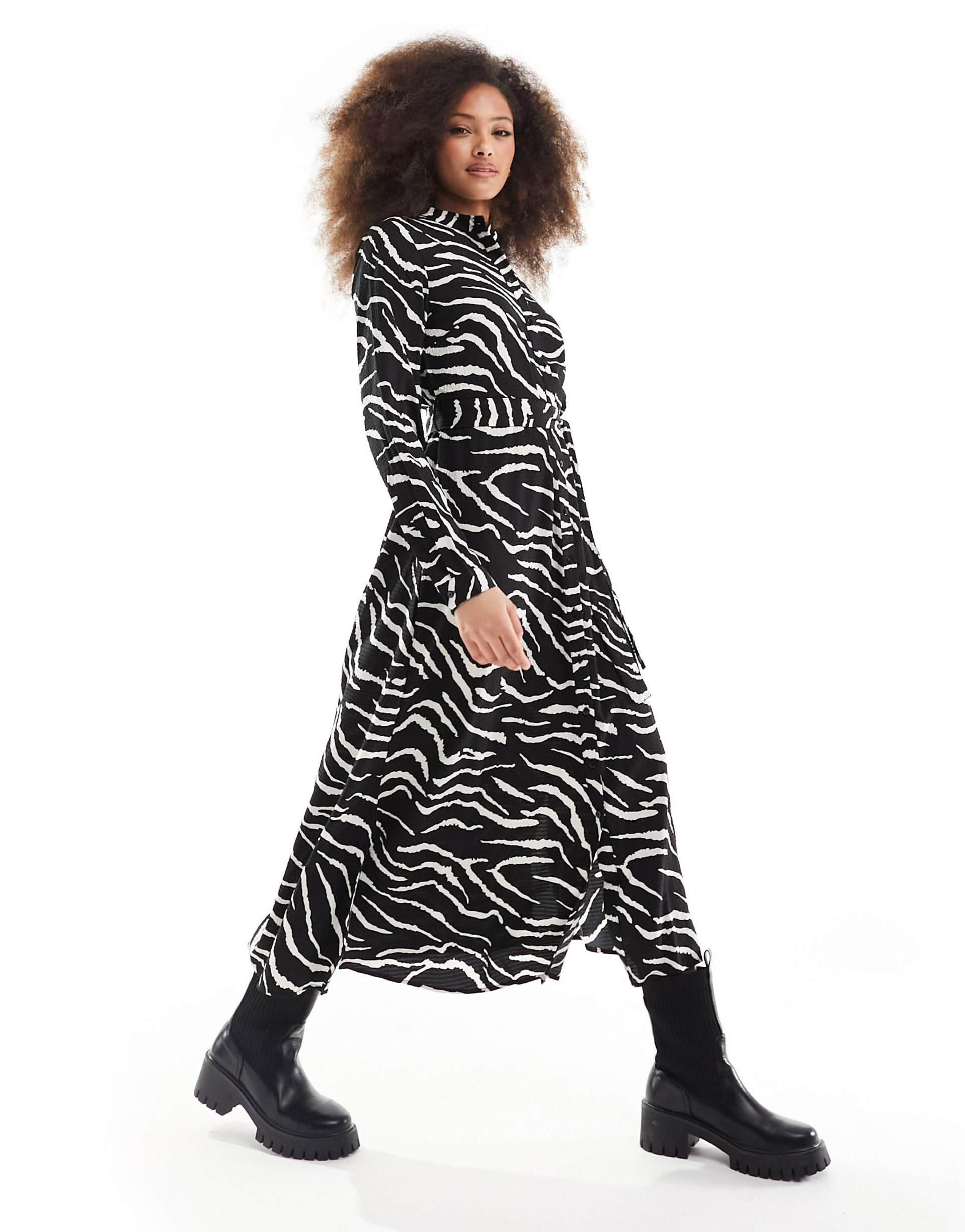 pieces tie waist midi shirt dress in black & white zebra print