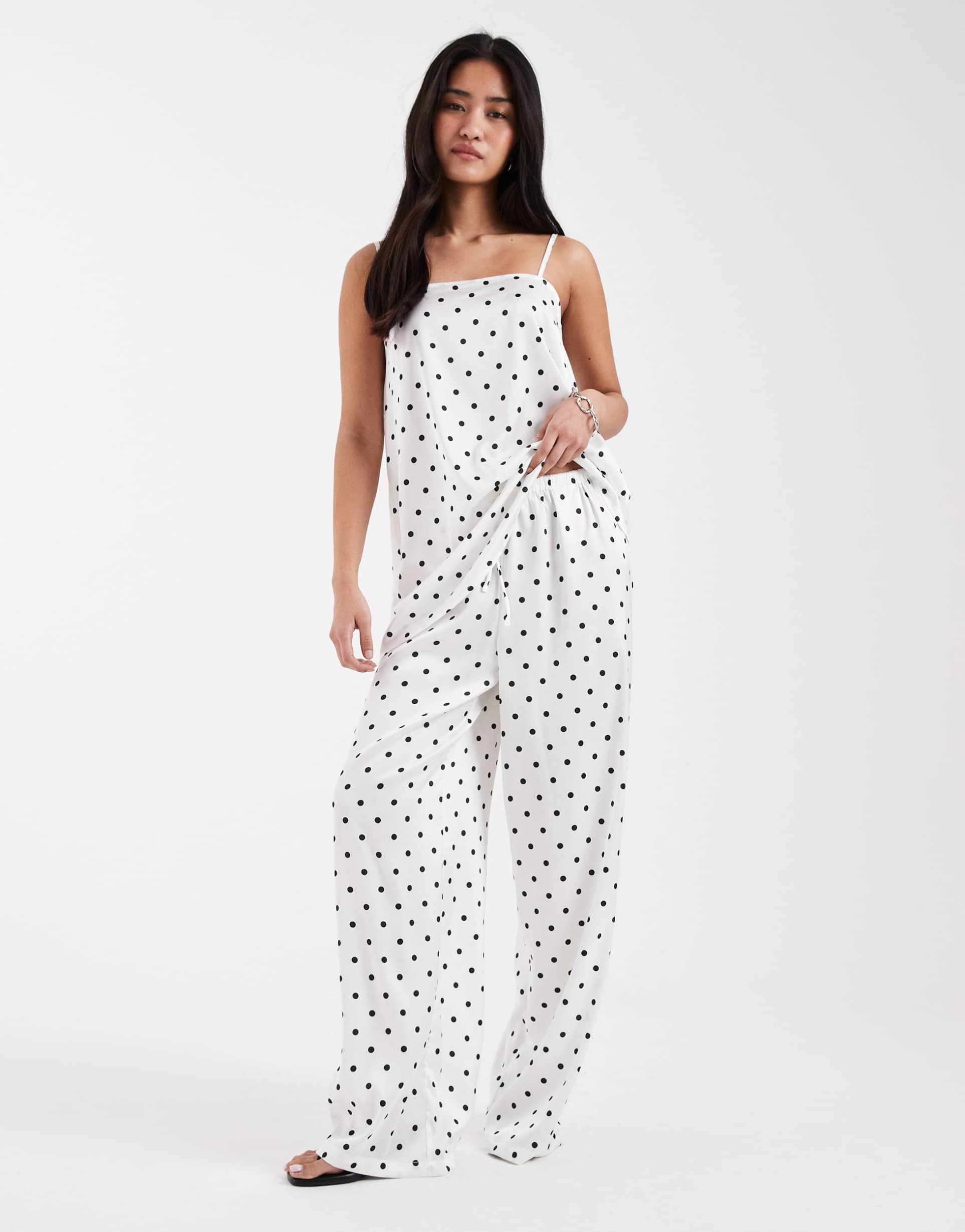 pieces tie waist satin pants in cream and black polka dots - part of a set
