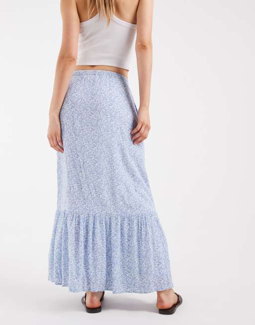 PIECES tie waist tiered maxi skirt in blue and white ditsy floral print, 5 of 5