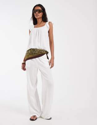 Pieces tie waist wide leg linen blend trousers co-ord in white
