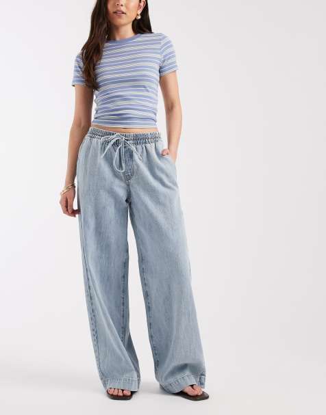 Pieces tie waist wide leg mid rise jeans in light blue - view 1