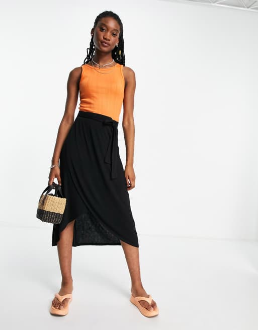 Pieces tie waist wrap midi skirt in black ASOS