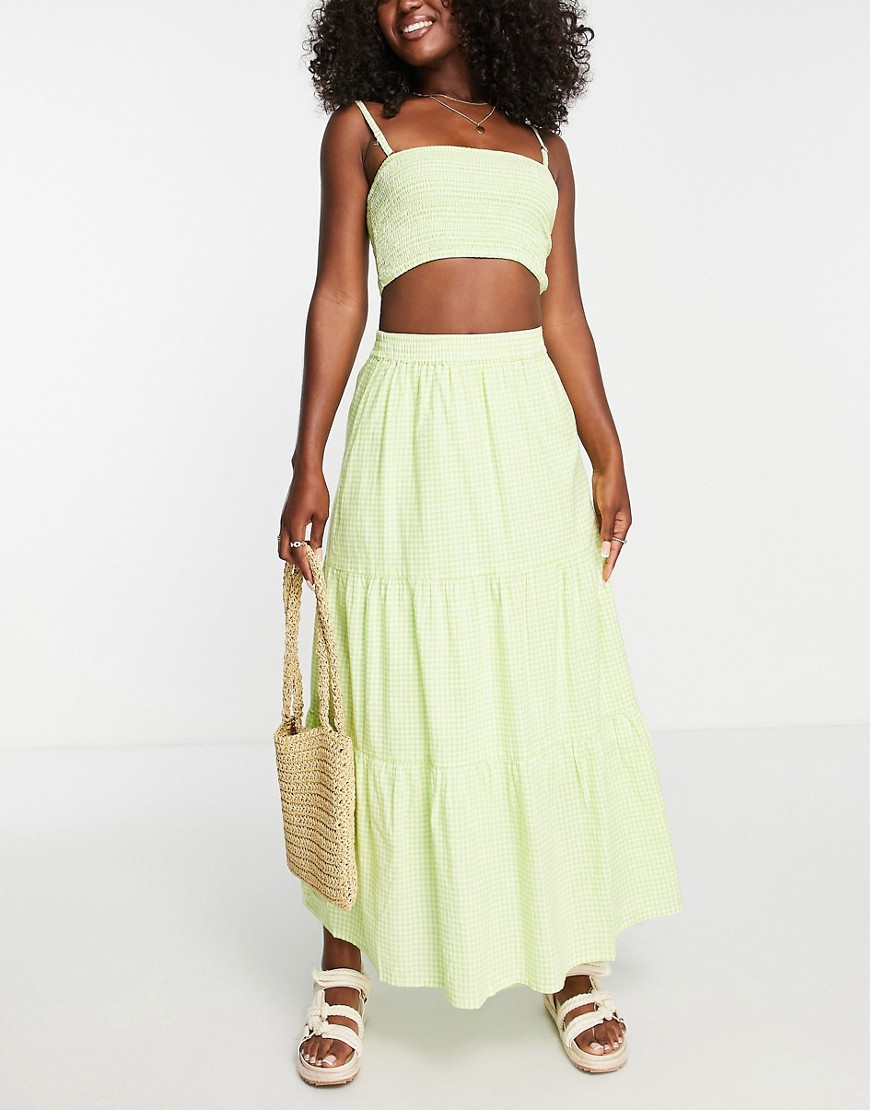 Pieces tiered maxi skirt co-ord in green gingham