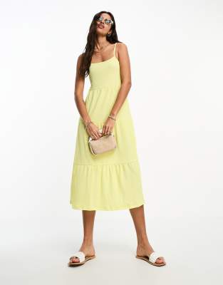 Pieces tiered midi dress in bright yellow