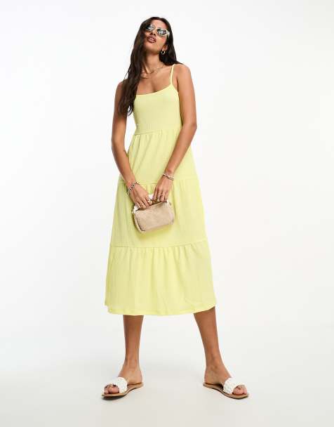 Pieces tiered midi dress in bright yellow - view 1