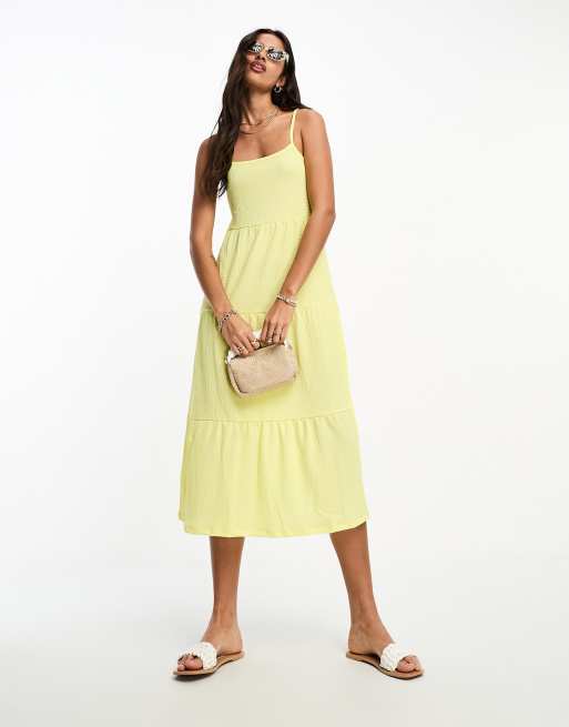 Pieces tiered midi dress in bright yellow