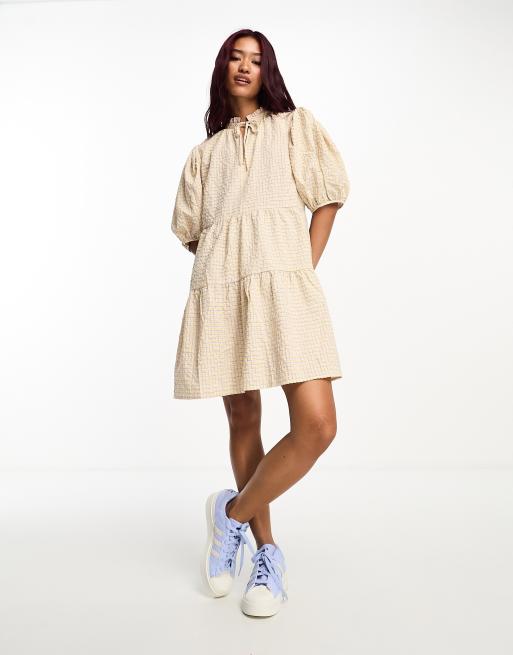 Pieces tiered mini dress with tie detail in white & cream gingham