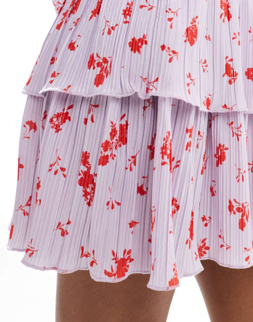 Pieces tiered plisse mini skirt in lavender floral - part of a set, 4 of 5