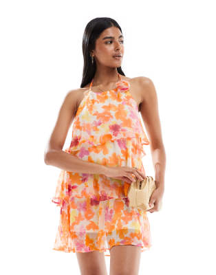 Pieces tiered ruffle mini dress in orange floral - view 1