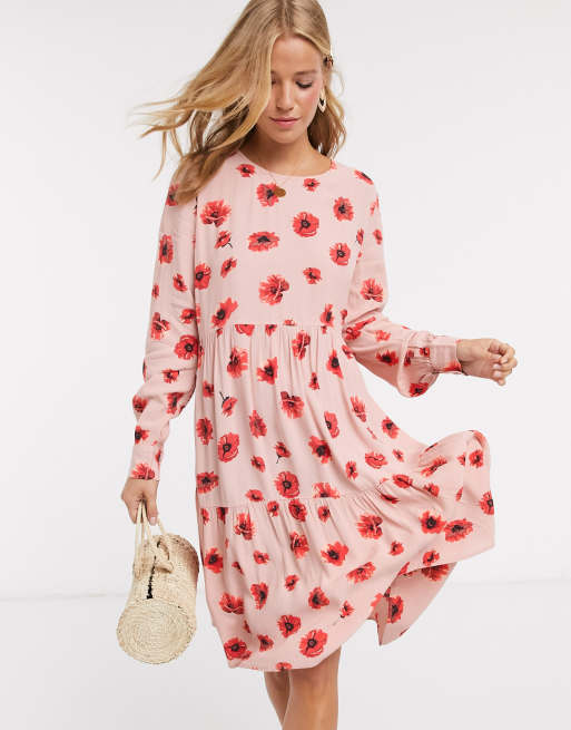 Pieces tiered smock dress in pink and red floral | ASOS