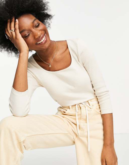 Pieces - Top a coste con scollo quadrato color crema