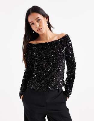 Top à épaules dénudées en velours à sequins - Noir S