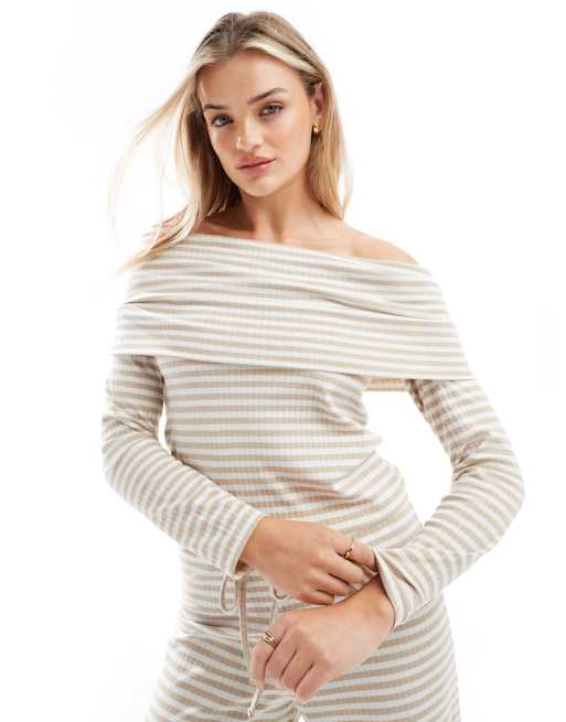 Pieces - Top a fascia in jersey beige a righe a coste in coordinato