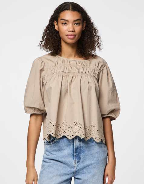 Pieces - Top a maniche corte beige - view 1