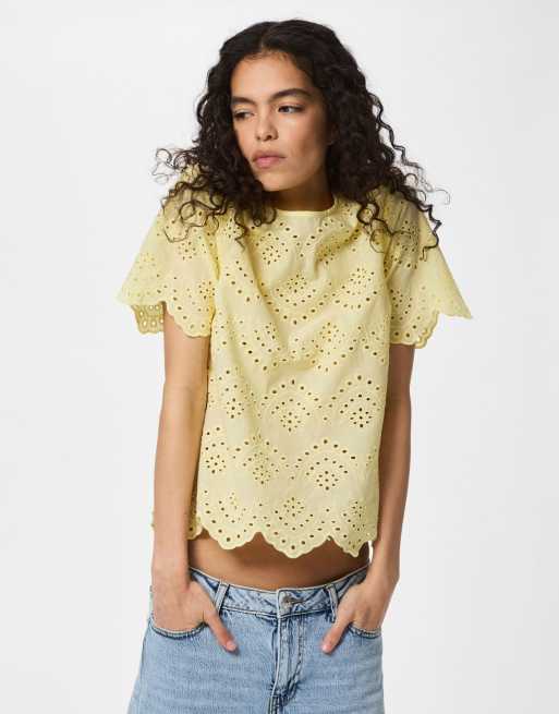Pieces - Top a maniche corte color vaniglia francese, 6 di 7