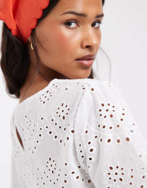 Pieces - Top a maniche corte in pizzo bianco in coordinato, 3 di 4