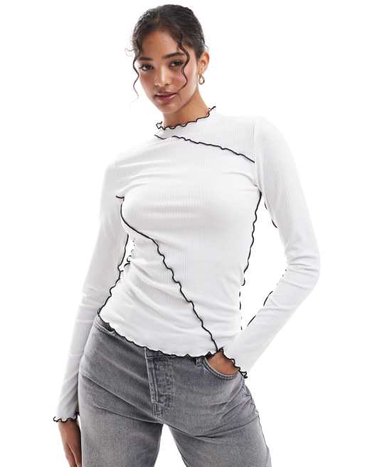 Pieces - Top a maniche lunghe bianco con bordi smerlati a contrasto