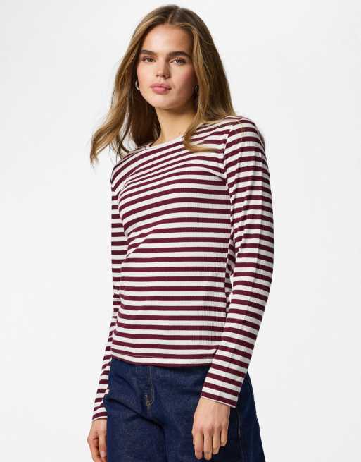Pieces - Top a maniche lunghe color porto fulvo