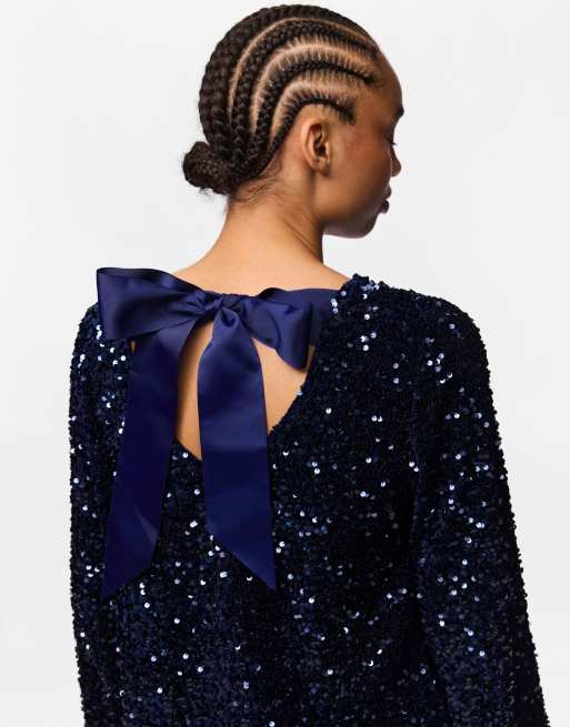 Pieces top a maniche lunghe con paillettes, vestibilità comoda, girocollo, blu marittimo, 4 di 7