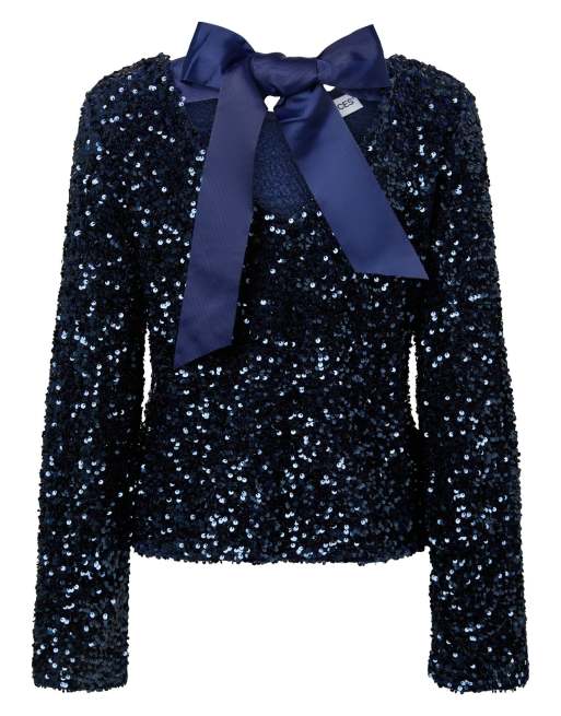 Pieces top a maniche lunghe con paillettes, vestibilità comoda, girocollo, blu marittimo, 7 di 7