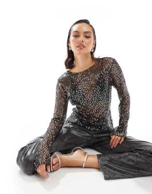 Pieces - Top a maniche lunghe in rete nero con paillettes - view 1