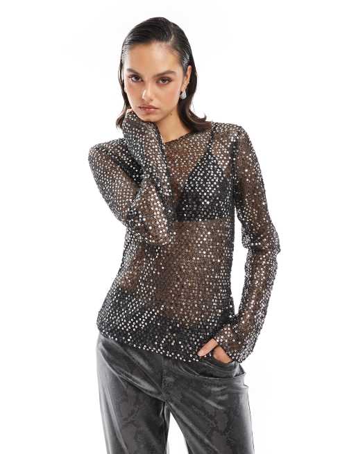 Pieces Top a maniche lunghe in rete nero con paillettes ASOS