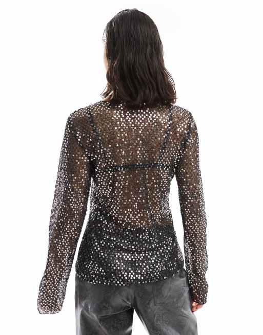 Top Donna Con Paillette E Maniche A Rete - Maglia Sexy Per Serate E Club