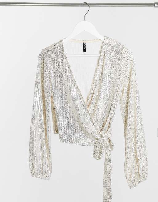Pieces - Top a portafoglio argento con paillettes