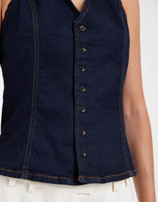 Pieces - Top allacciato al collo in denim blu scuro con bottoni sul davanti, 3 di 4