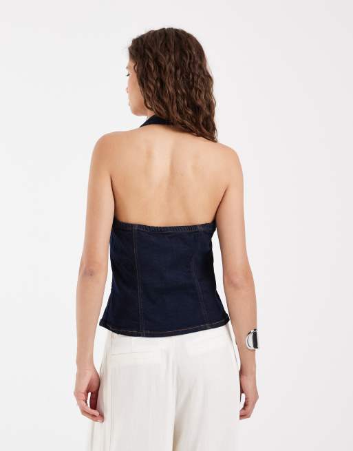 Pieces - Top allacciato al collo in denim blu scuro con bottoni sul davanti, 4 di 4