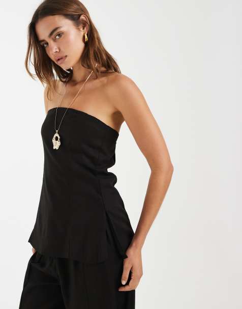 Pieces - Top bandeau long d'ensemble aspect lin - Noir - view 1