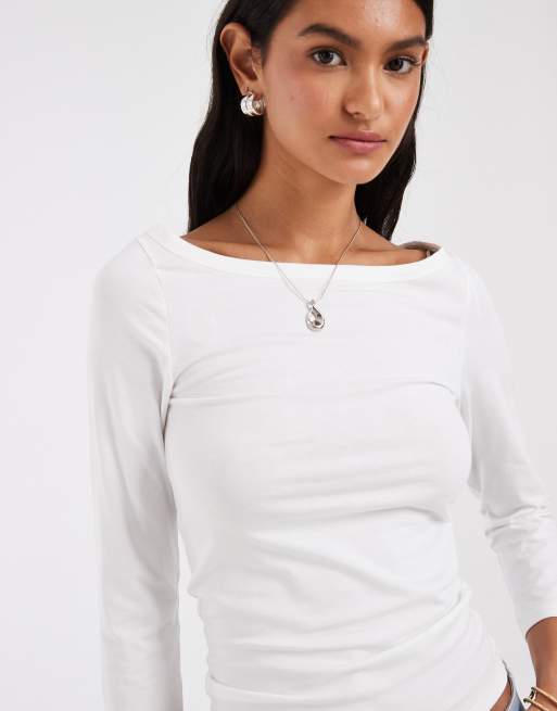 Pieces - Top blanco con mangas 3/4 y cuello barco, 3 de 4