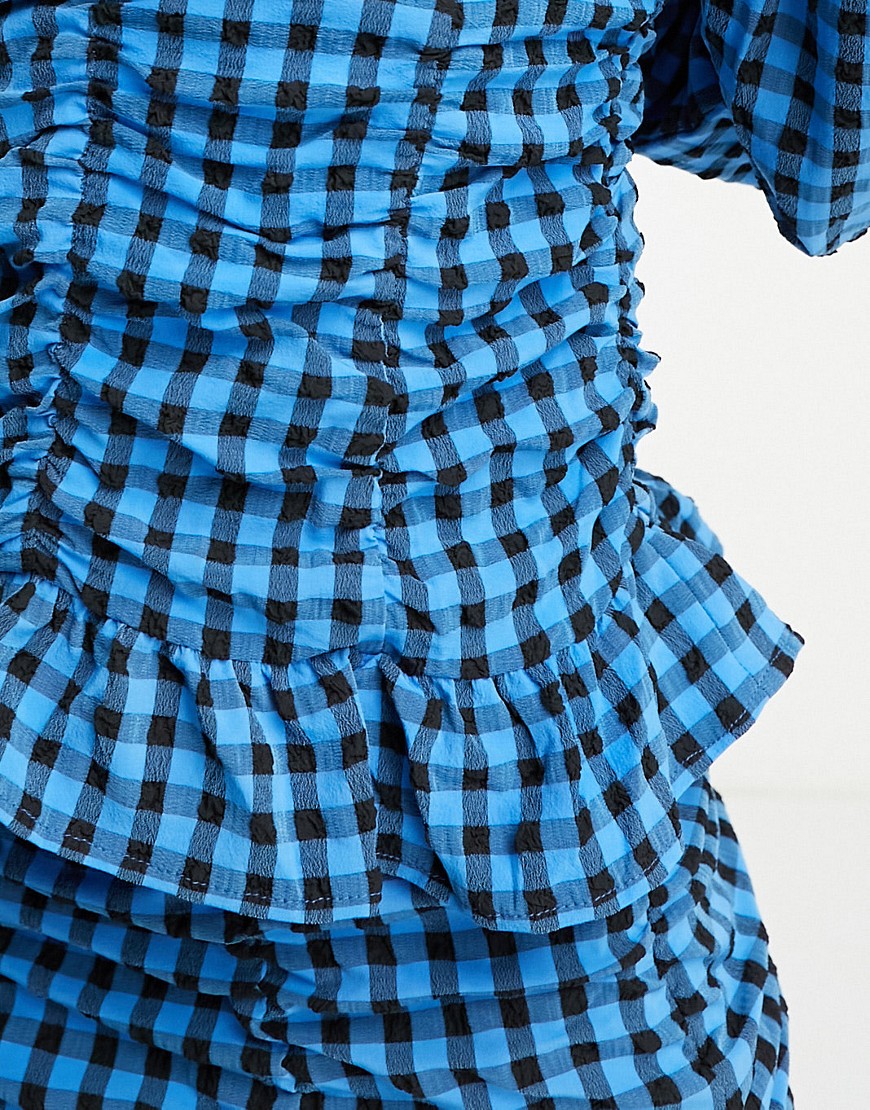 Top blu e nero a quadri con volant-Multicolore - Pieces Camicia donna  - immagine2