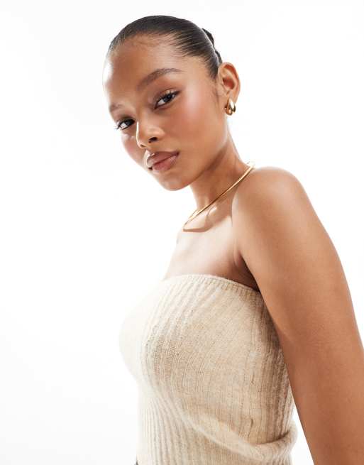 Pieces - Top bustier d'ensemble en maille - Crème chiné