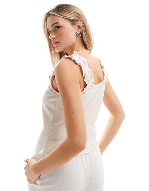 Pieces - Top color crema in misto lino con spalline arricciate e bottoni sul davanti
