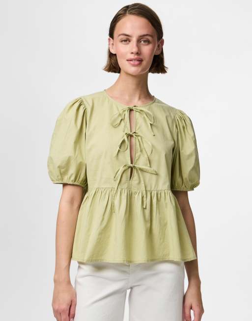 Pieces - Top con maniche a sbuffo verde salvia