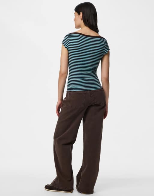 Pieces - Top con maniche ad aletta blu, 2 di 4
