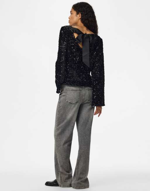 Pieces top con paillettes vestibilità comoda, girocollo, a maniche lunghe, nero, 2 di 6